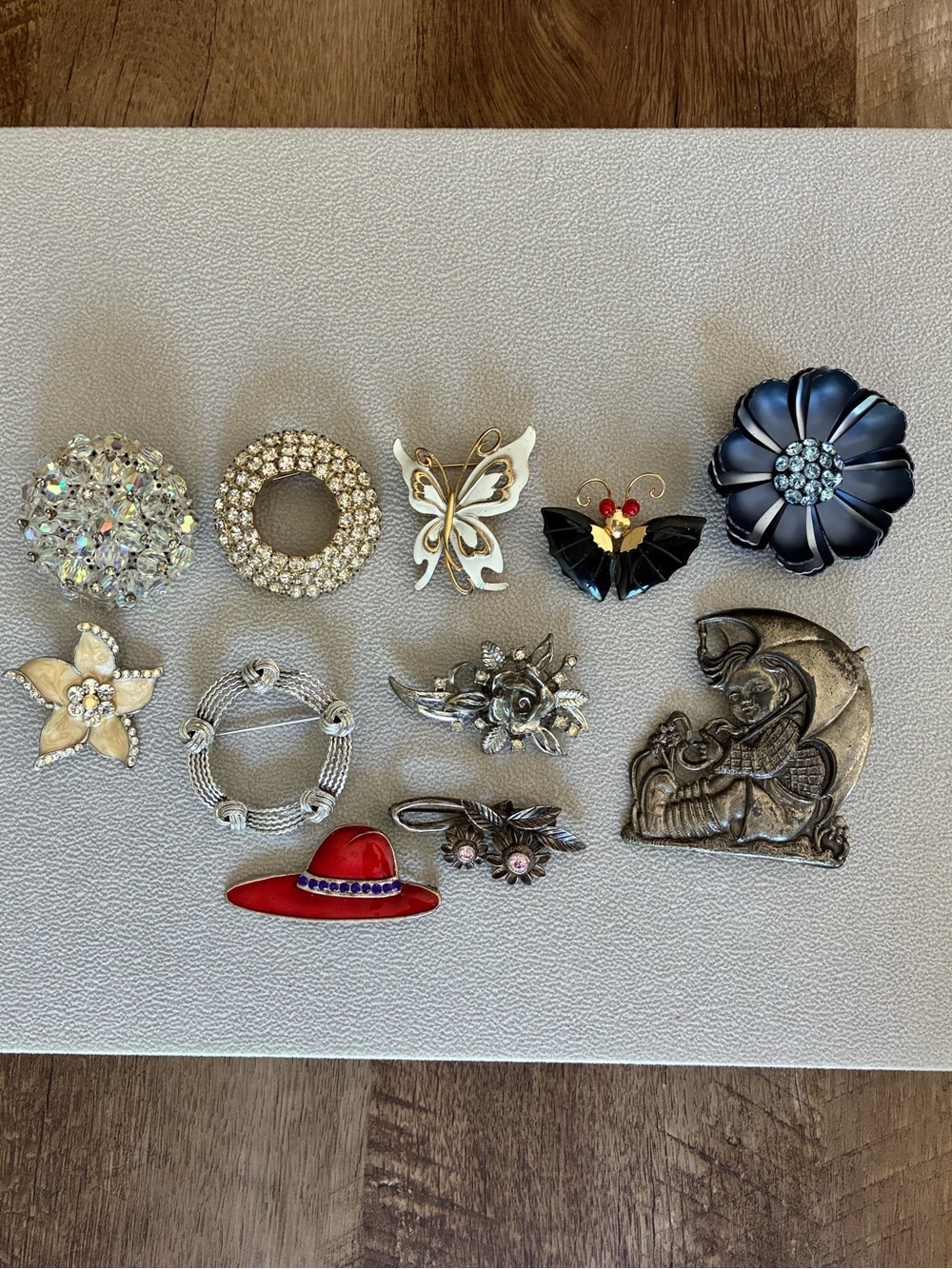 Vintage Brooch Pin Lot, 11 Total, Butterfly, Flower, Red Hat, Crystal, Silver